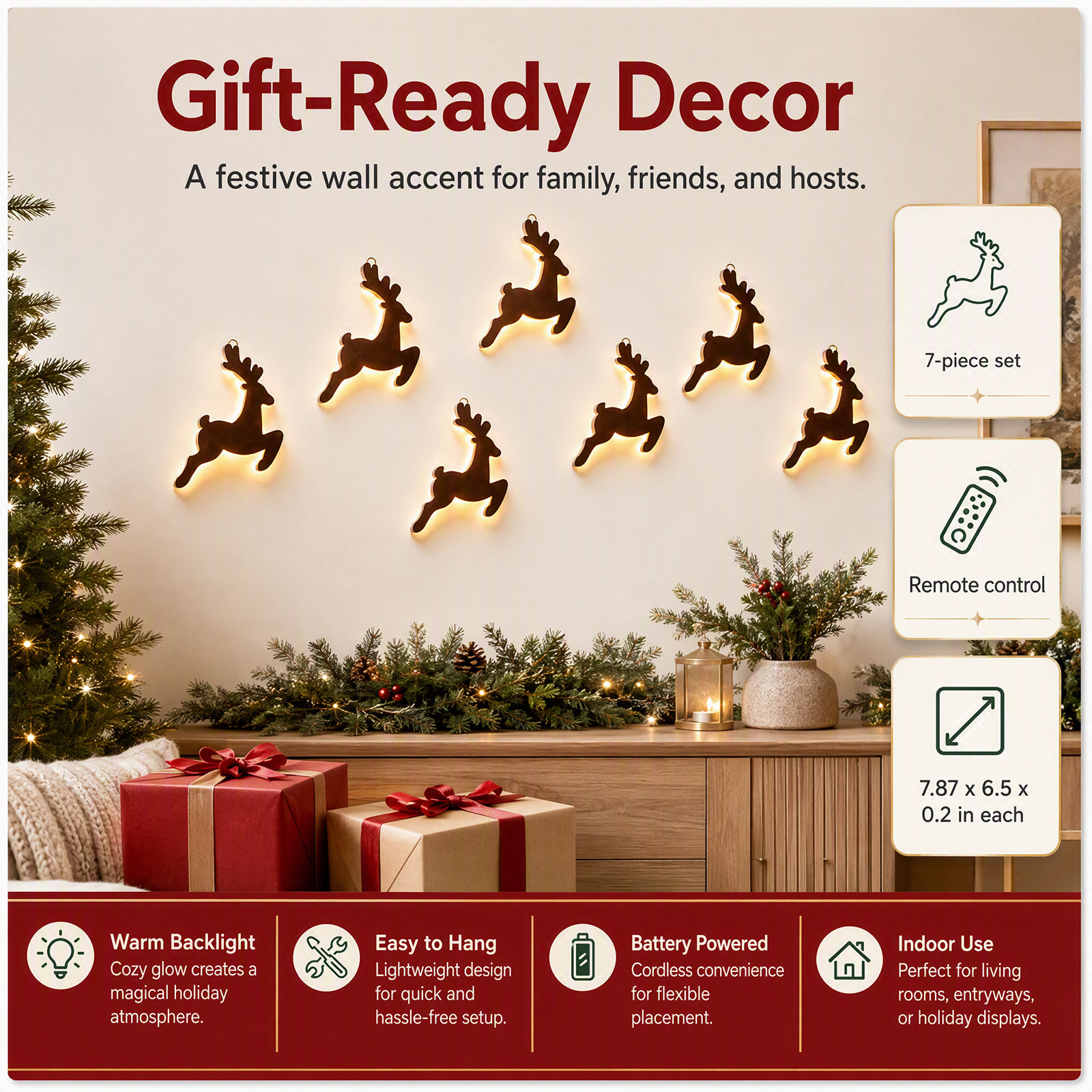 Up Lighting Decor - 7PCS LED Wooden Reindeer Wall Decor